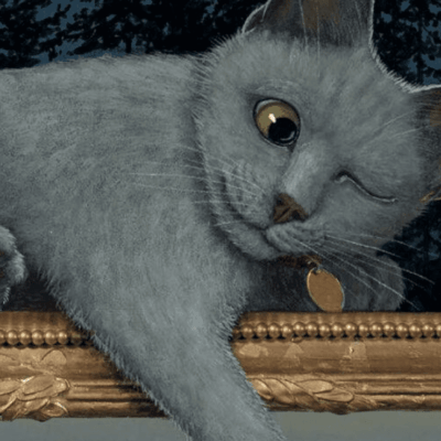 A gray cat with one eye closed lying on a ledge.