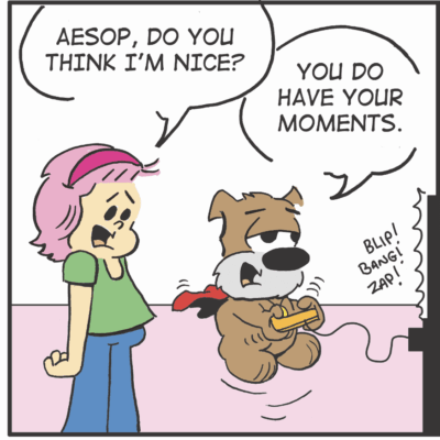 A girl and dog chat about kindness and moments together.