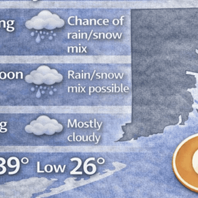 Weather forecast showing rain, snow mix, and cloudy skies with temperatures from 26°F to 39°F.