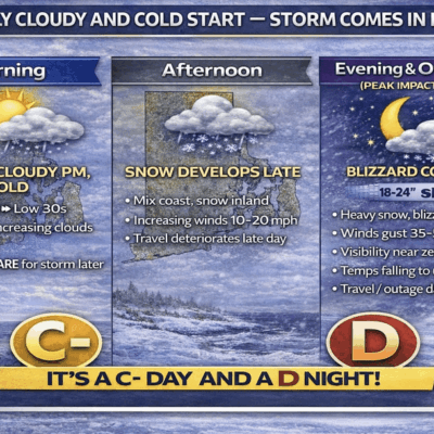 Weather forecast explaining storm arrival with temperature and wind changes.