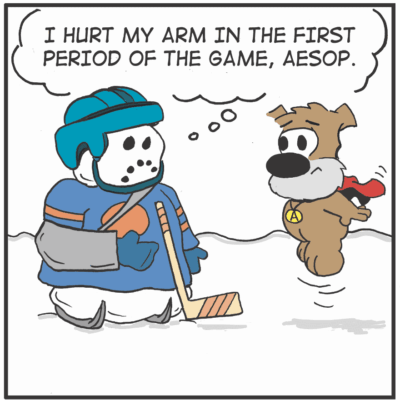 A hockey player tells his dog he hurt his arm during the game.