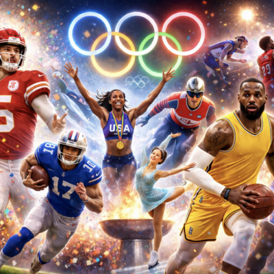 Dynamic collage of athletes from various Olympic sports with glowing rings in the background.