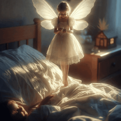 A child dressed as a glowing fairy hovers over a sleeping person.