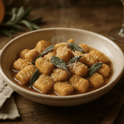 A bowl of golden brown gnocchi with sage leaves.