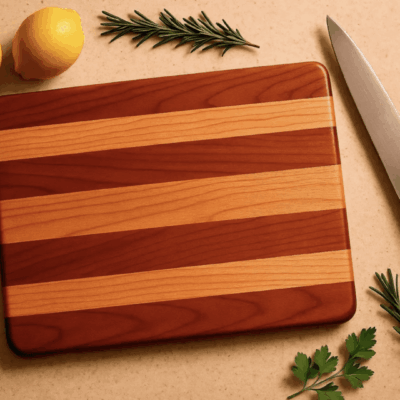 Wooden cutting board with striped design on a kitchen counter.