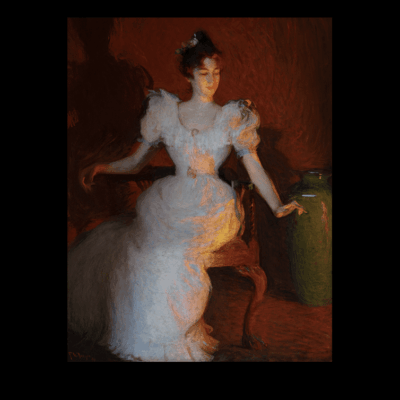 A woman in a Victorian-style white gown sitting on a chair.