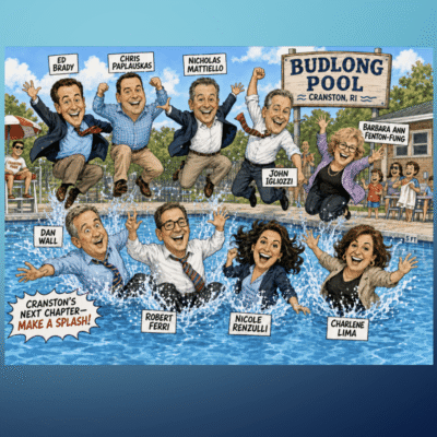 Editorial cartoon showing possible Cranston mayoral contenders jumping into Budlong Pool in street clothes, with a sign reading Budlong Pool, Cranston, RI.