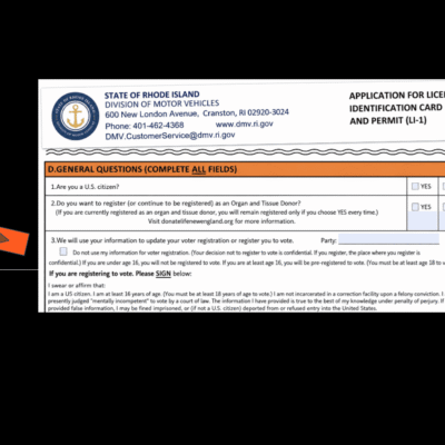 Rhode Island DMV application showing citizenship and voter-registration questions
