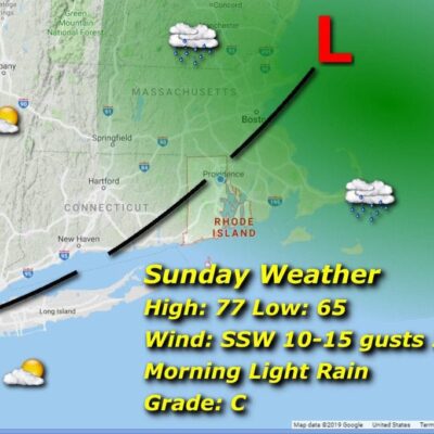 A map showing the Sunday weather in New Hampshire and Rhode Island.