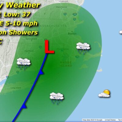 A map showing the direction of a storm.