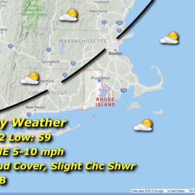 A map displaying the current weather conditions in Massachusetts and Rhode Island.