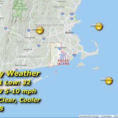A map showing the weather in Massachusetts and Rhode Island.