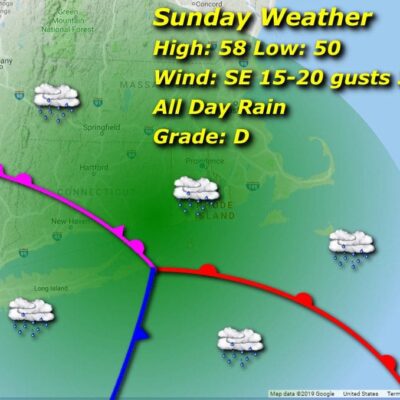 A map showing the weather forecast for Rhode Island over the next few days.