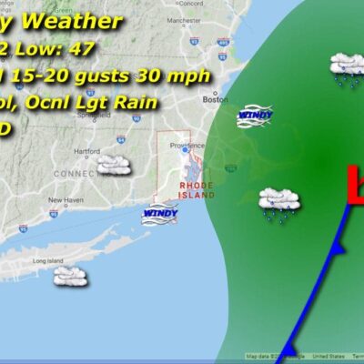 A Rhode Island weather map displaying storm direction.