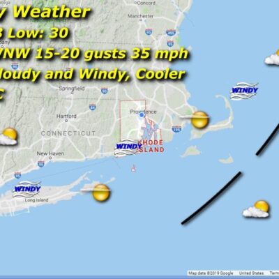 A map displaying the Rhode Island weather for the upcoming days.