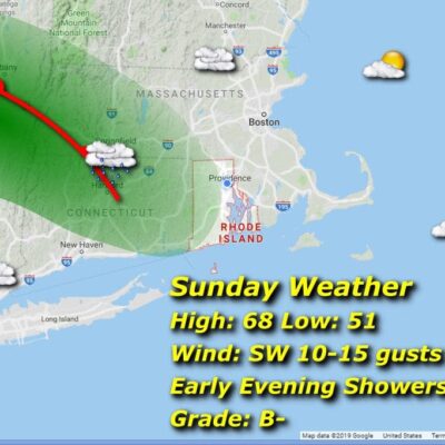 A map showing the sunday weather in new hampshire.