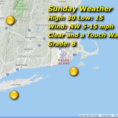 A map showing the weather in Rhode Island.