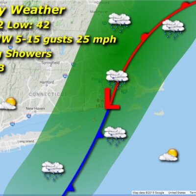 A map showing the path of a storm.