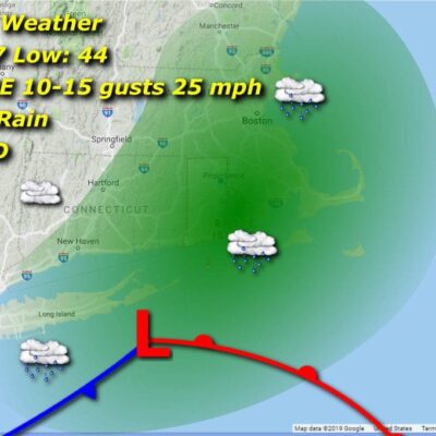 A map displaying the wind and rain patterns in Rhode Island's weather.