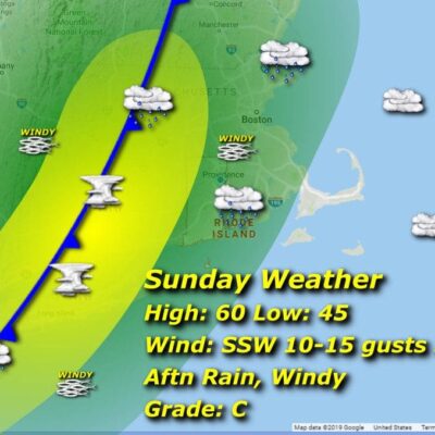 A map showing the Sunday weather in Massachusetts.