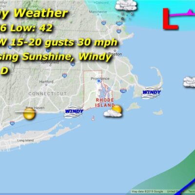 A map showing the sunday weather in massachusetts.