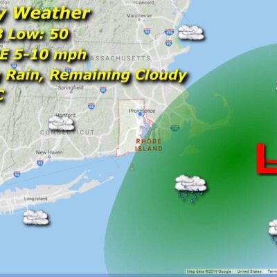 A Rhode Island weather map displaying the forecast for the upcoming days.