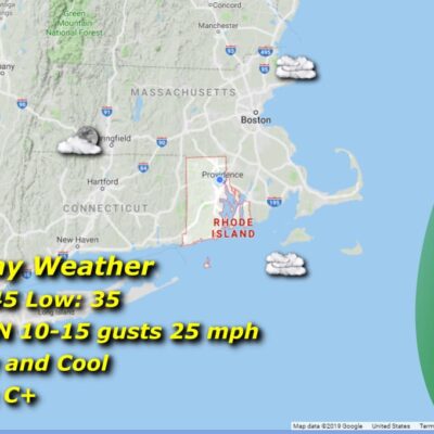 Sunday weather map: cloudy, cool, 45/35.