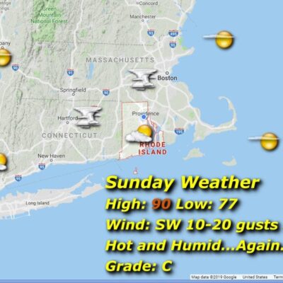 A map showing the sunday weather in massachusetts.