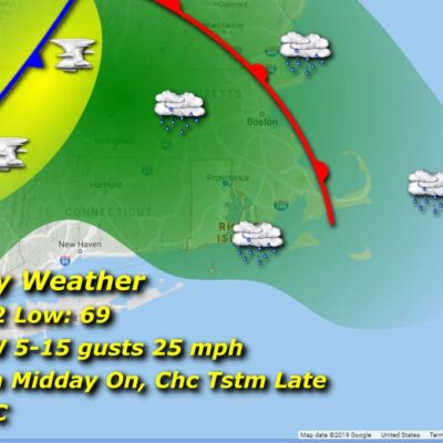 Weather forecast showing cloudy skies and temperatures in the low 50s with light winds.