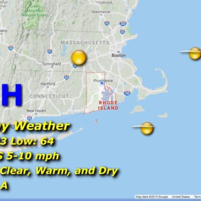 A map displaying the current weather conditions in Massachusetts and Rhode Island.