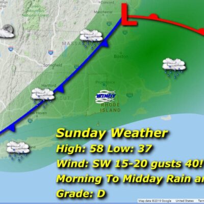 A map showing the direction of the sunday weather.