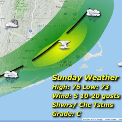 A map displaying the Sunday weather forecast for Rhode Island.
