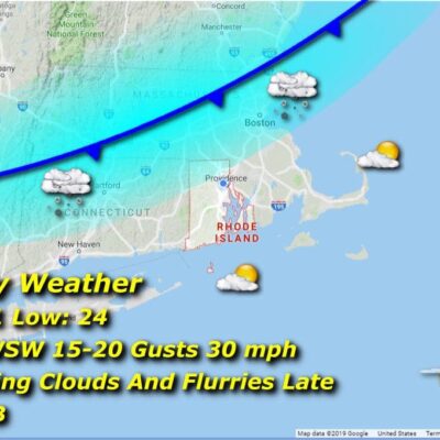 A map showing the sunday weather in massachusetts.
