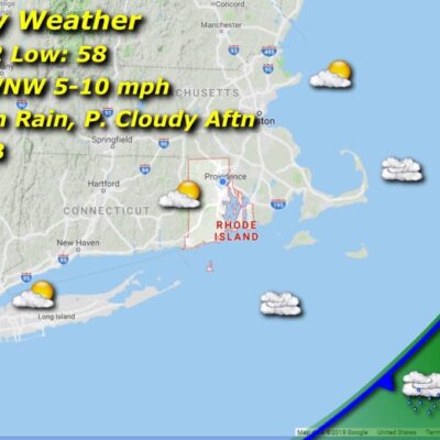 A map showing the current weather conditions in Massachusetts and Rhode Island.