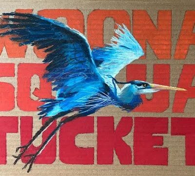 A painting of a blue heron flying over a cardboard box.