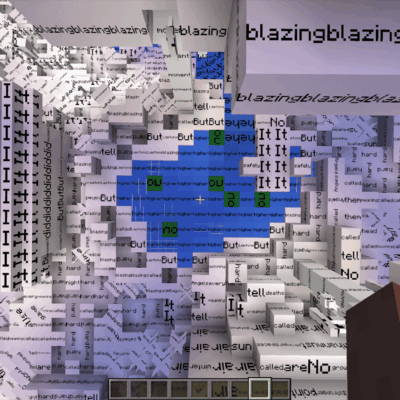 Glitch art with distorted text and pixelated blue center.