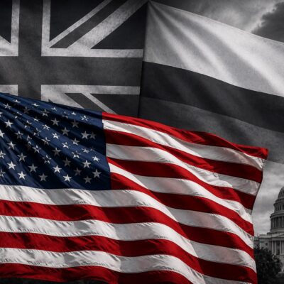 Color U.S. flag in foreground with black and white British and Colombian flags in the background near the U.S. Capitol.