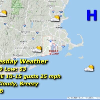 A map displaying the weather in Rhode Island.