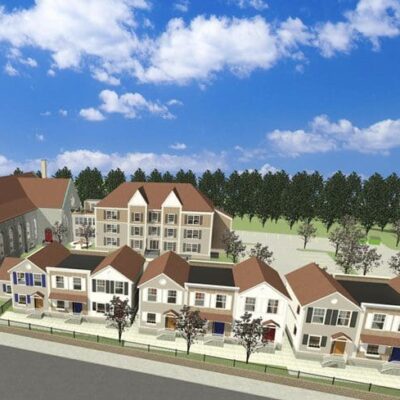 An artist's rendering of a neighborhood with houses and a church.