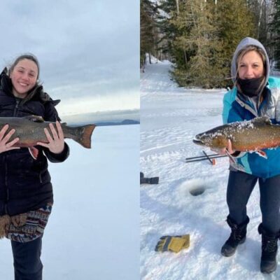Two pictures of a woman fishing in the snow.