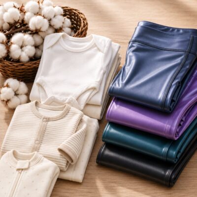 Folded cotton clothing beside synthetic stretch fabric, representing the shift from natural fibers to plastic-based textiles.