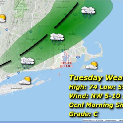 Tuesday weather map: showers, 74/59.