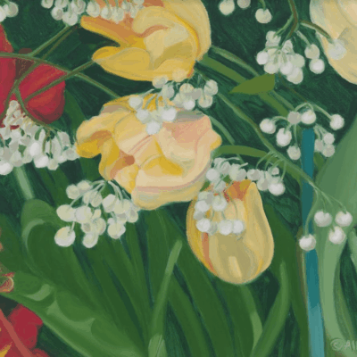 A painting of lily of the valley and yellow tulips.