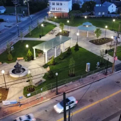 An aerial view of a park at night.