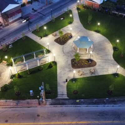 An aerial view of a park at dusk.