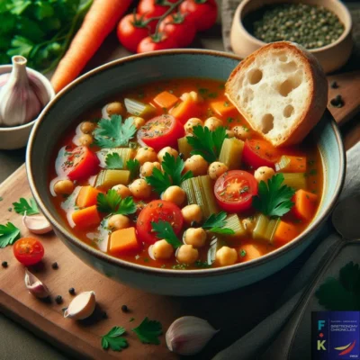 A bowl of soup with bread and vegetables on the side.