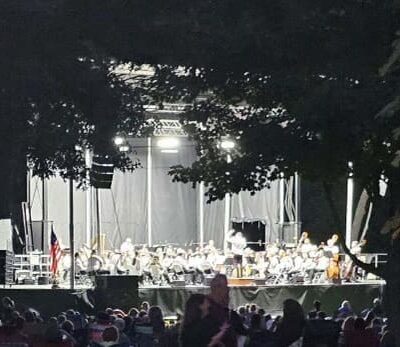 Outdoor orchestra concert under trees.