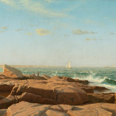 A painting of the ocean and rocks