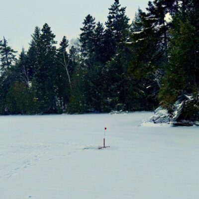 A snow-covered field with trees and a ski lodge in the background in Rhode Island.