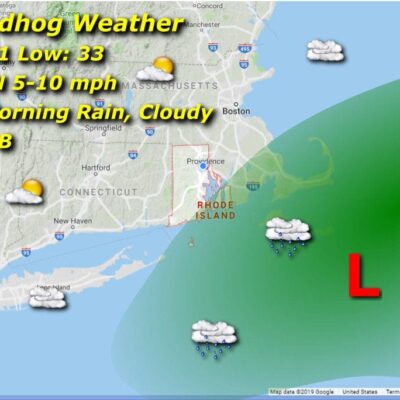 A map showing the Rhode Island groundhog weather.